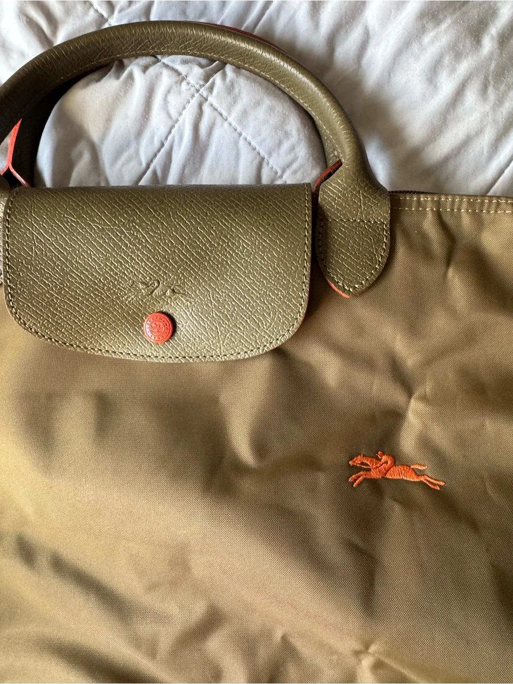 Longchamp Olive Green Nylon Tote with Orange Accent - Picture 3 of 6